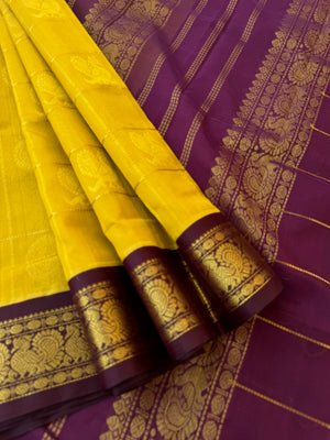 Korvai Silk Cotton - mustard and purple mayil Chackaram