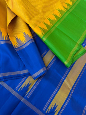 Art of Kai Korvai Kanchivaram - mustard strips woven body with blue and green ganga jammuna woven borders