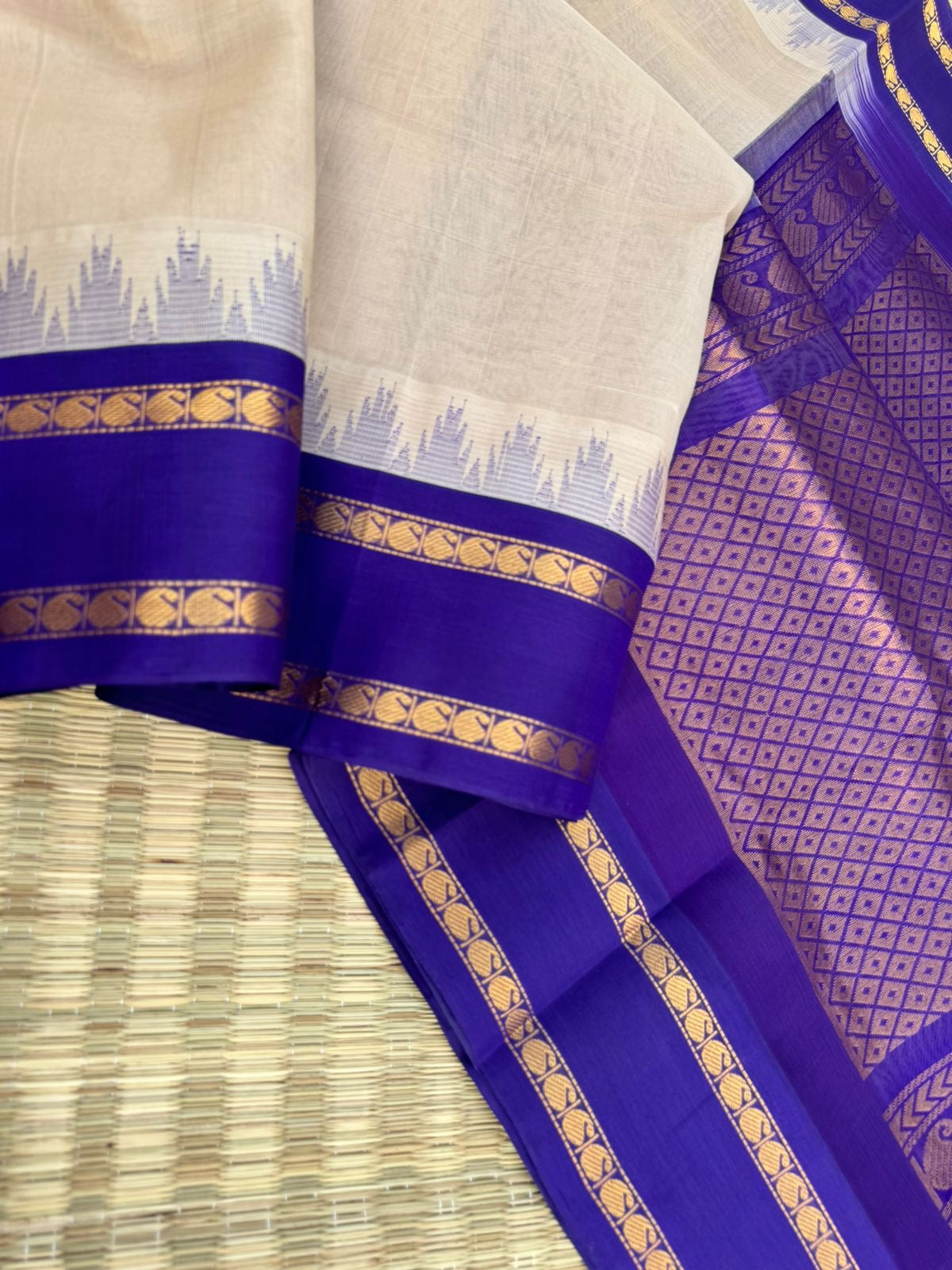 Korvai Silk Cotton - beige ivory and deep violet