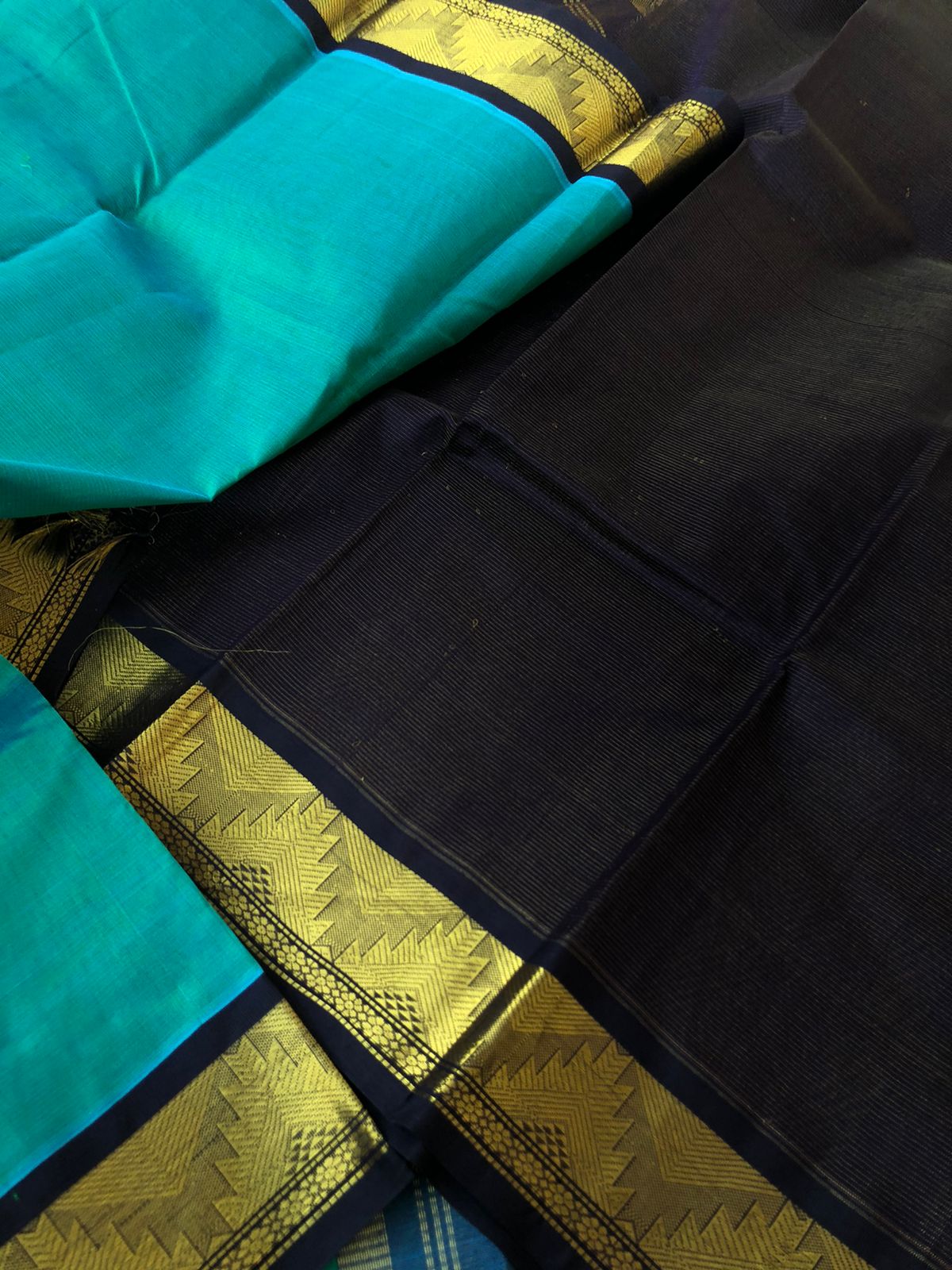 Korvai Silk Cottons - gorgeous teal and mid night blue Vairaoosi