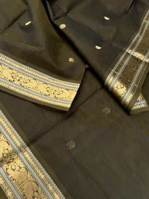Zari Kissed Silk Cotton - deep dark army green with parrots motifs woven borders