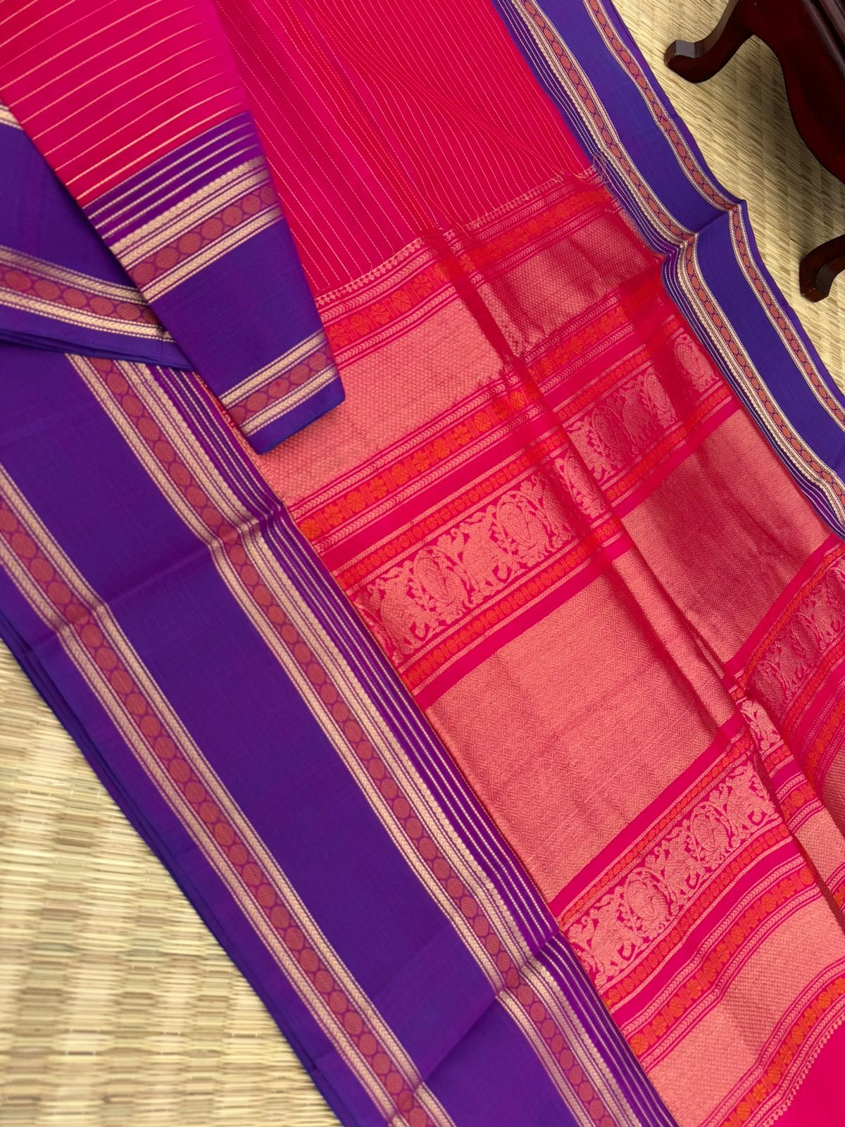 Zari Kissed Silk Cotton -rain pink short red Vairaoosi with traditional borders
