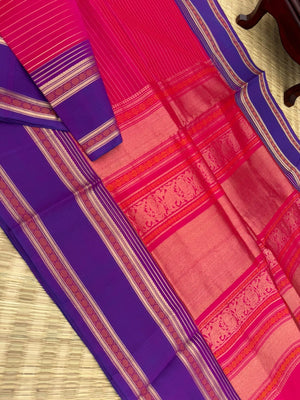 Zari Kissed Silk Cotton -rain pink short red Vairaoosi with traditional borders