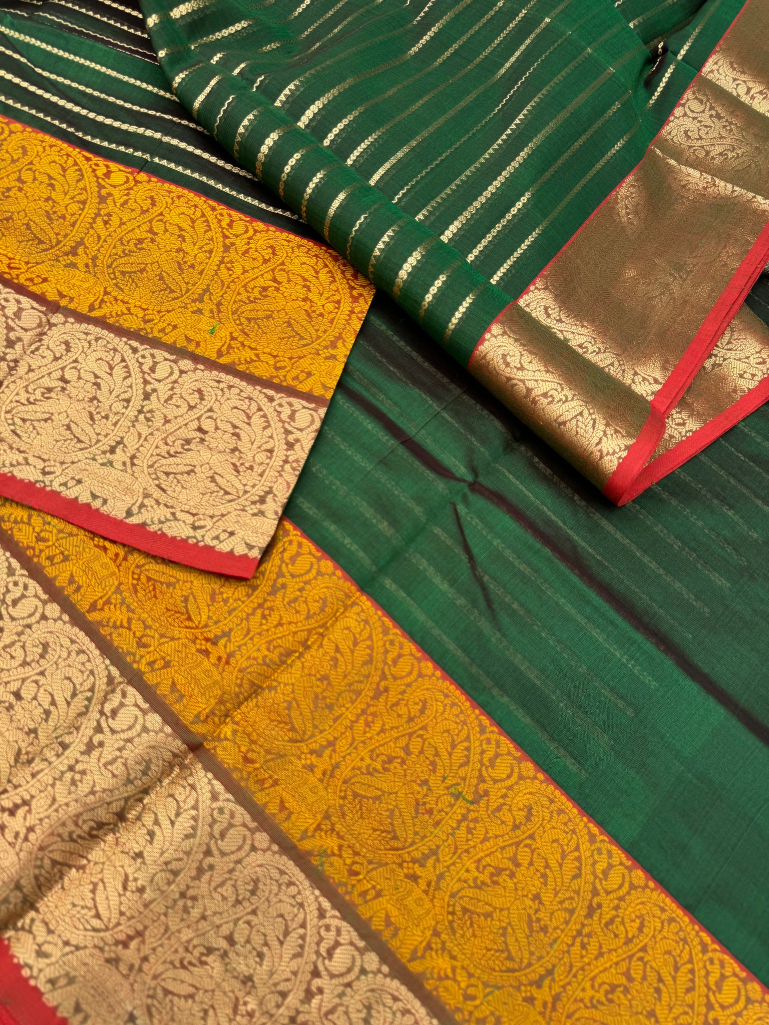 Zari Kissed Silk Cotton - deep drak traditional green at the best grandest veldhari