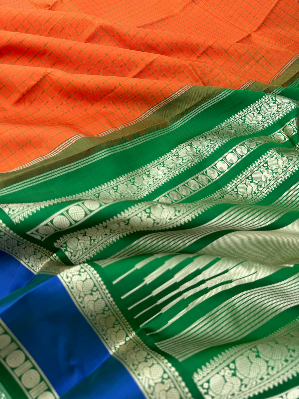 Bliss of Korvai Kanchivaram - a stunning no zari korvai Kalakshetra style Kanchi with orange ms blue and green