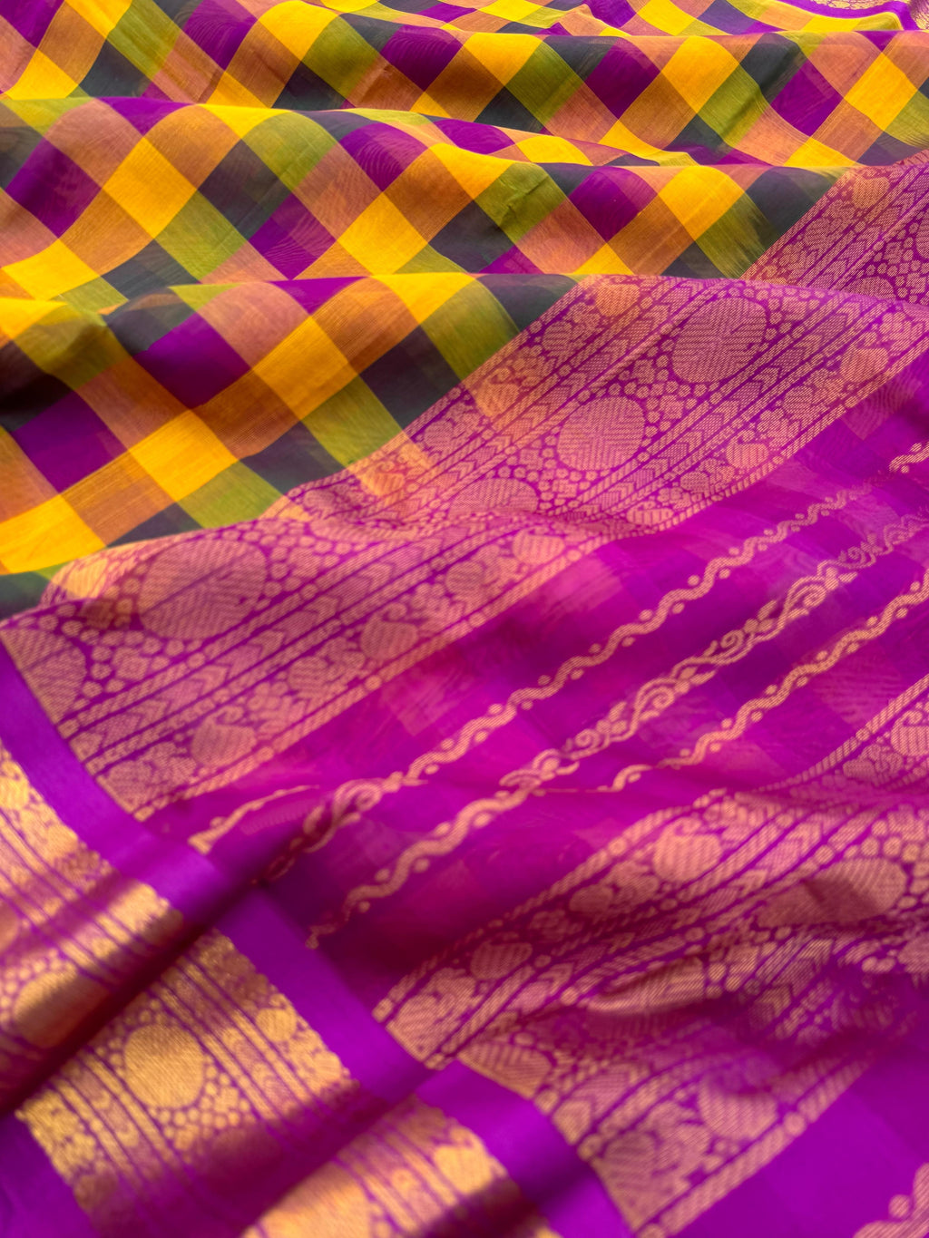 Korvai Silk Cottons - deep pink mustard and green paalum palamum chex