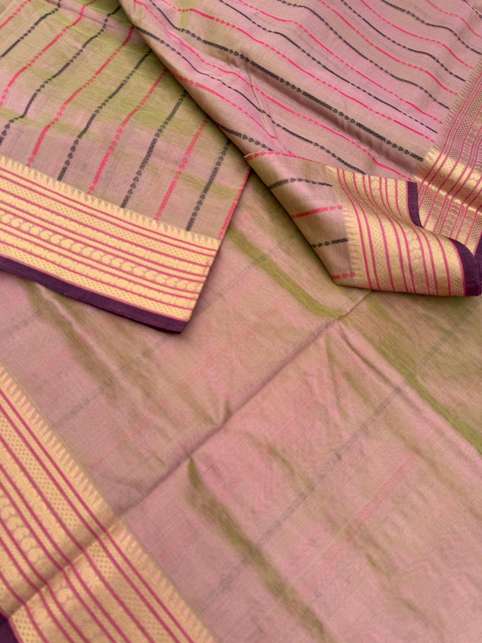 Woven Motifs Silk Cotton - a pastel green mixed with pastel baby pink vertical veldhari
