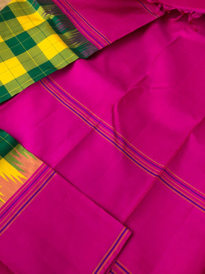 Chettinad Chexs on No Zari Korvai Kanchivaram - vibrant mix of yellow green and pink