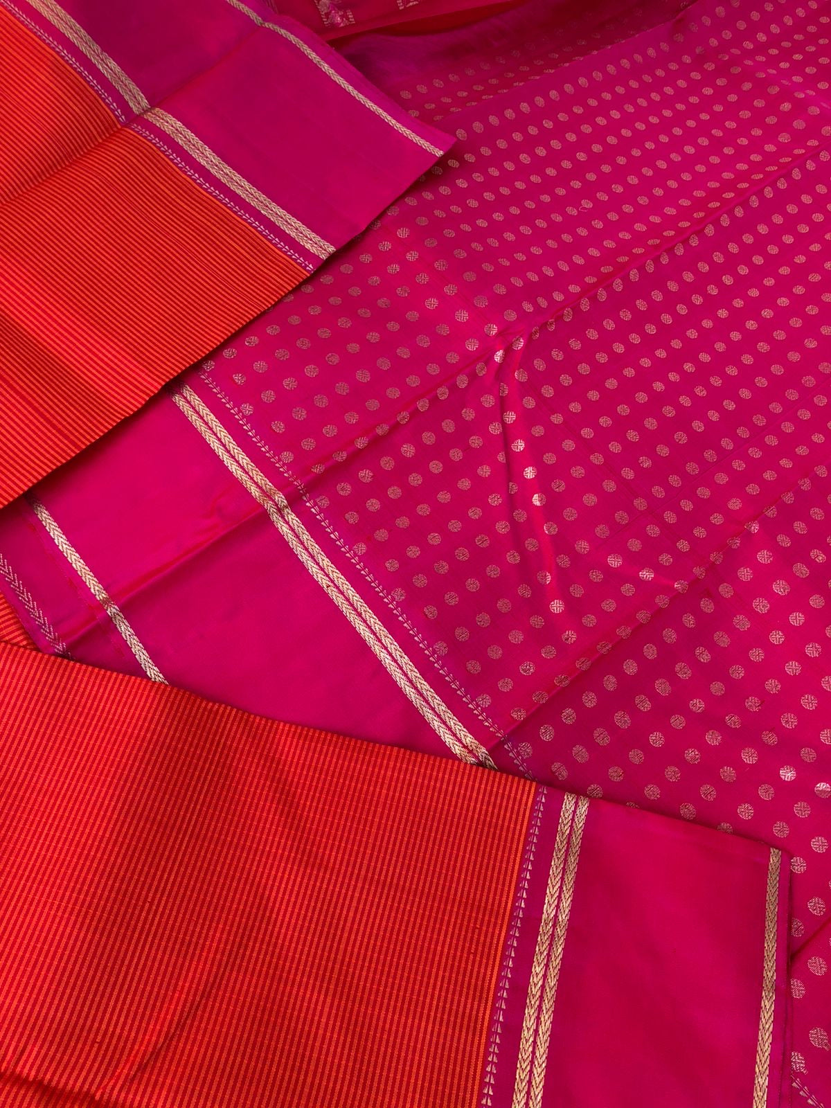 Kattams on Kanchivarams - Kasa kasa kattam - the most beautiful chettinad style orange and pink kasa kasa kattam the best part is 1000 buttas woven blouse