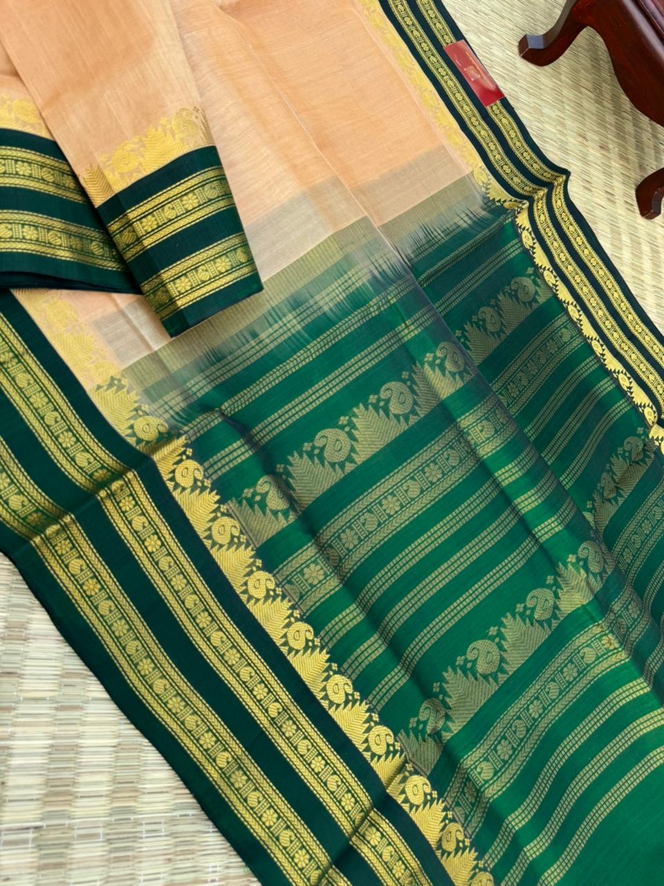 Korvai Silk Cotton - sandal wood and Meenakshi green