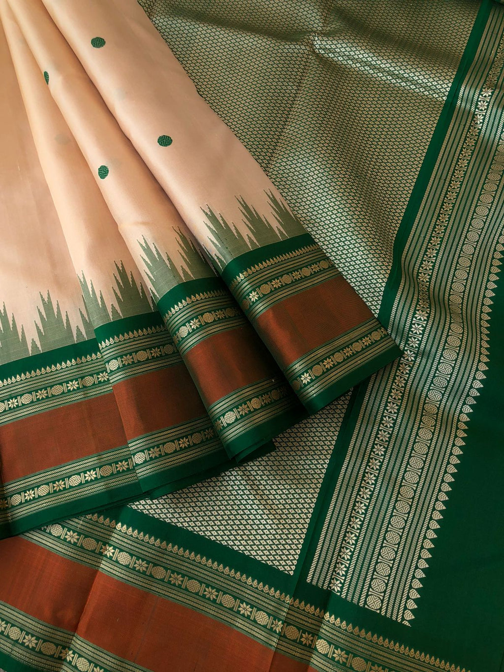 Silk Play on No Zari Kanchivaram - stunning creamy sandal tone body with revival vintage style woven Meenakshi green borders