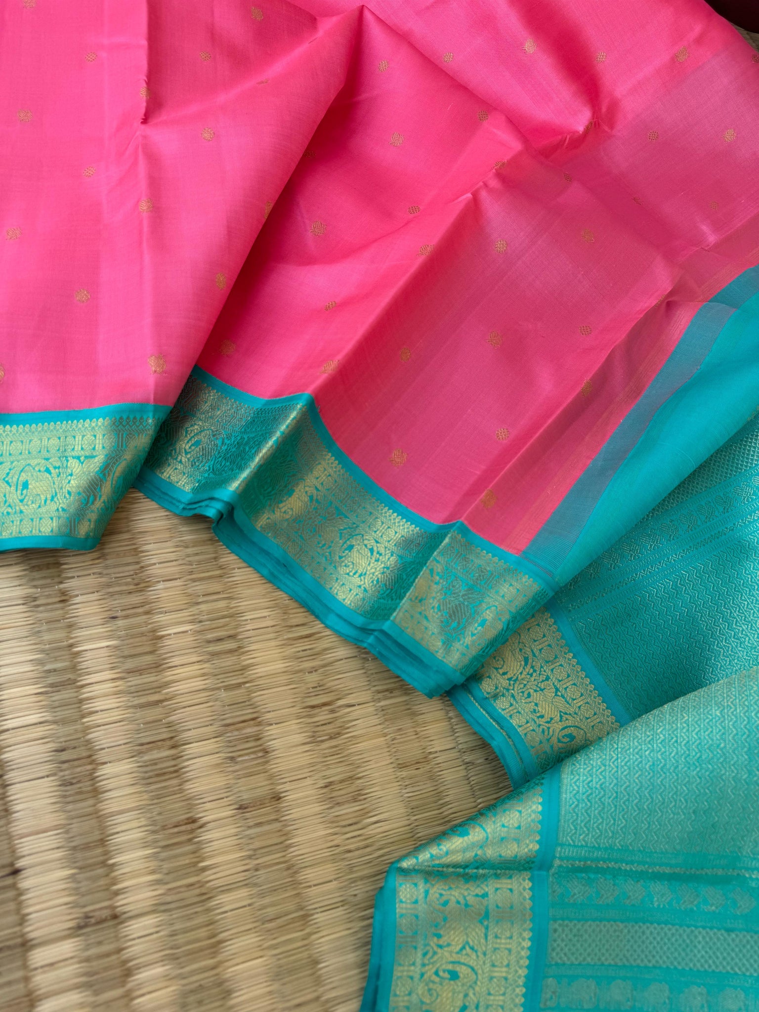 Meenakshi Kalayanam - Connected By Korvai - the stunning panner rose and turquoise small borders