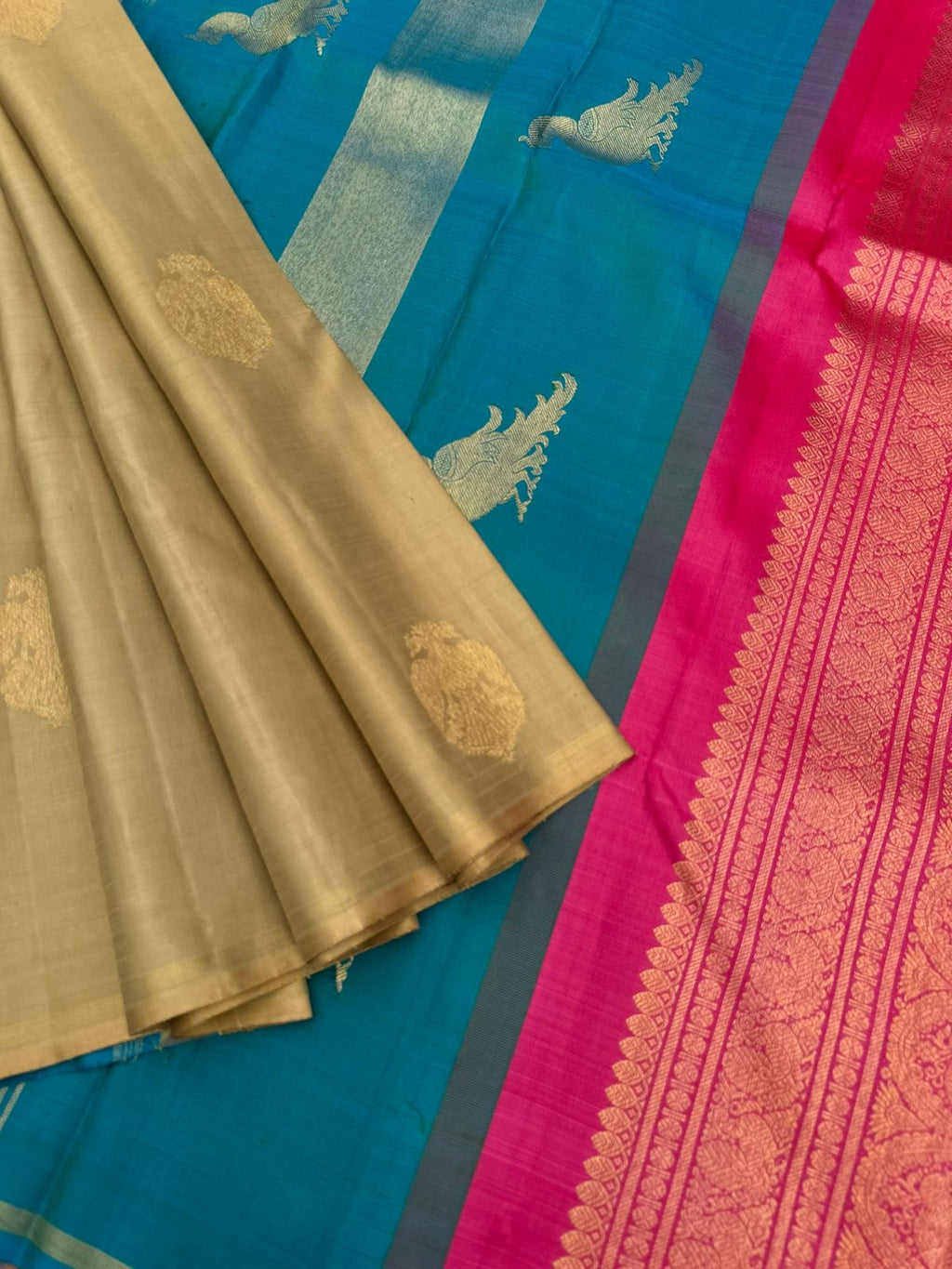 Mohaa - Rarest Borderless Kanchivarams - a biscuit tone irruthalaipakshi butta body with two solid colours uniquely woven pallu