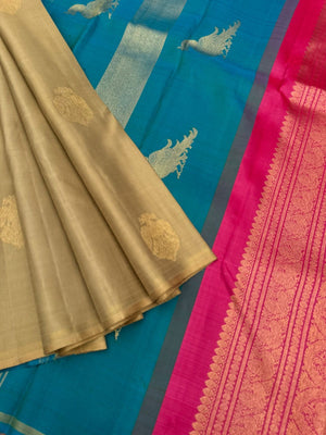 Mohaa - Rarest Borderless Kanchivarams - a biscuit tone irruthalaipakshi butta body with two solid colours uniquely woven pallu