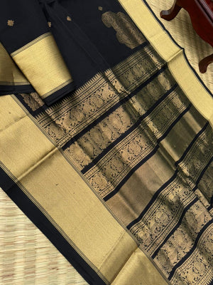Black Edition of Zari Kissed Silk Cotton - the gorgeous grand black and gold silk cotton with corner buttas and solid borders