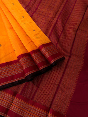 Divyam - Korvai Silk Cotton with Pure Silk Woven Borders - sun set orange yellow with maroon