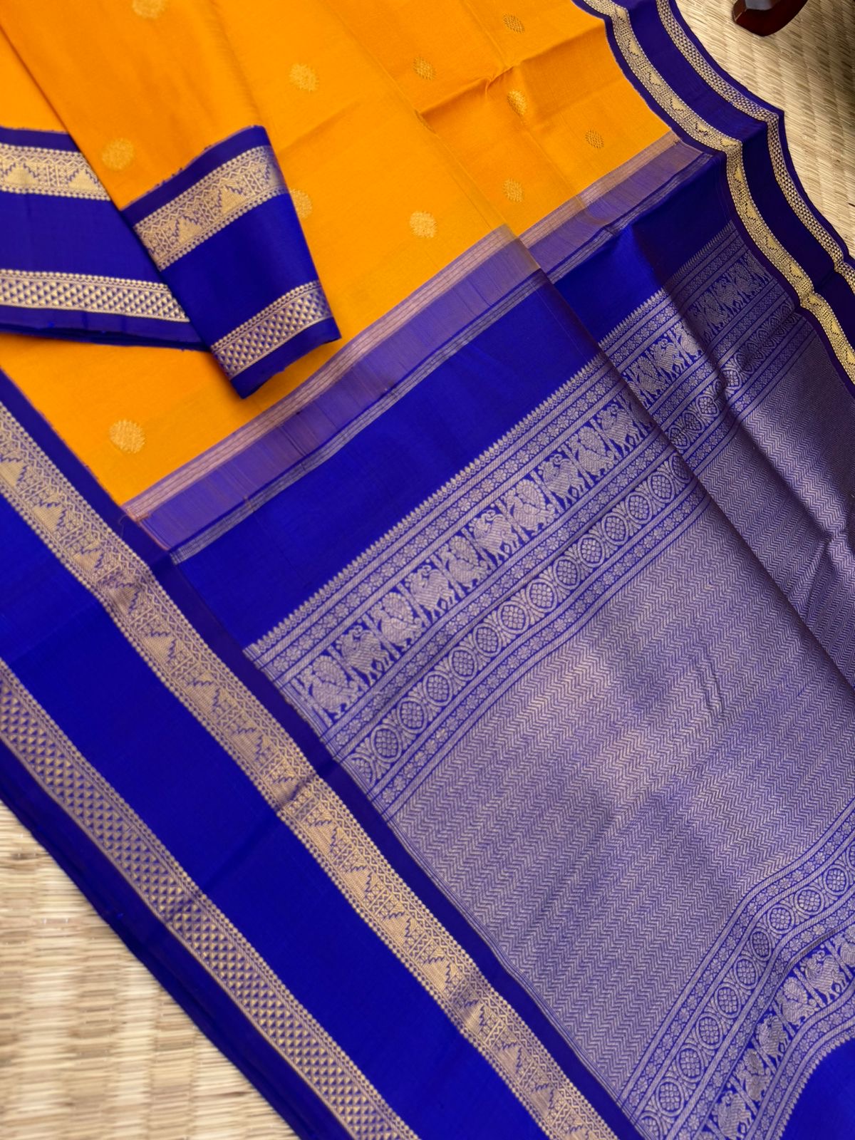 Colour Play on Kanchivaram - stunning yellow and ms blue korvai kanchivaram with retta pett woven perfect borders