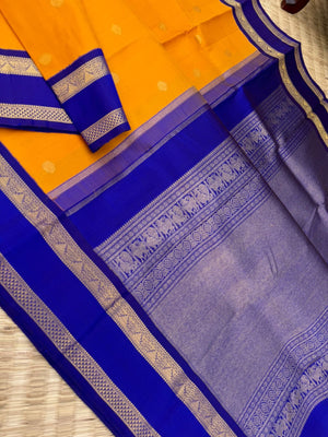 Colour Play on Kanchivaram - stunning yellow and ms blue korvai kanchivaram with retta pett woven perfect borders