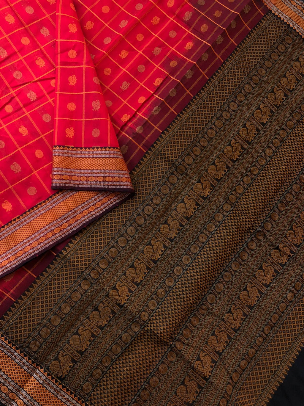 Woven Motifs Silk Cotton - red and black 1000 buttas