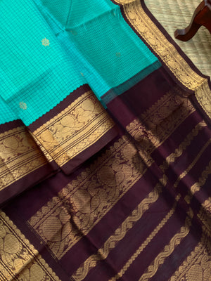 Korvai Silk Cotton - teal and coffee bean zari kattam