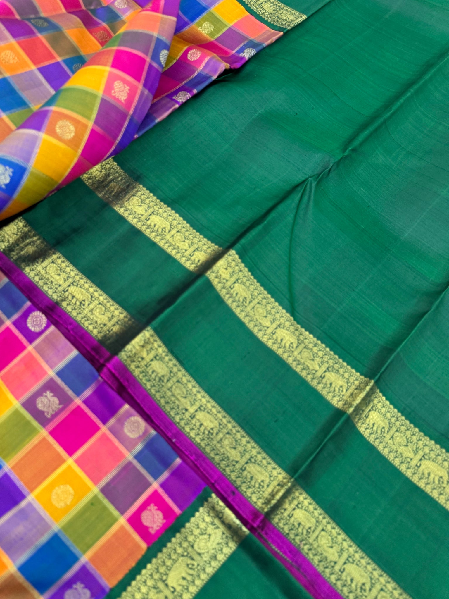 Paalum palamum kattam on Kanchivaram - a one of a kind blue pink mustard chex with bottle green vintage borders pallu and blouse
