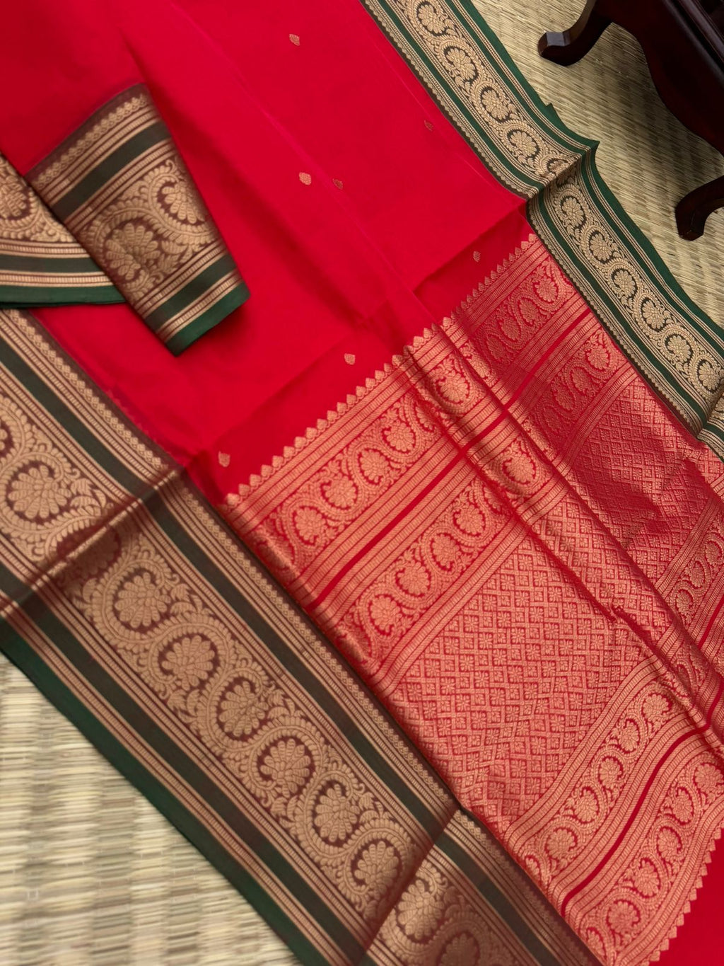 Zari Kissed Silk Cotton - deep traditional red with kodi visuree borders