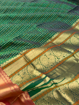 Woven Motifs Silk Cotton - Meenakshi green lakshadeepam