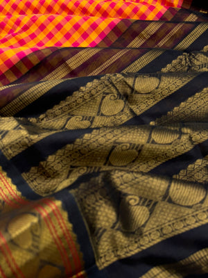 Korvai Silk Cottons - mustard orange and pink kattam woven body with black borders