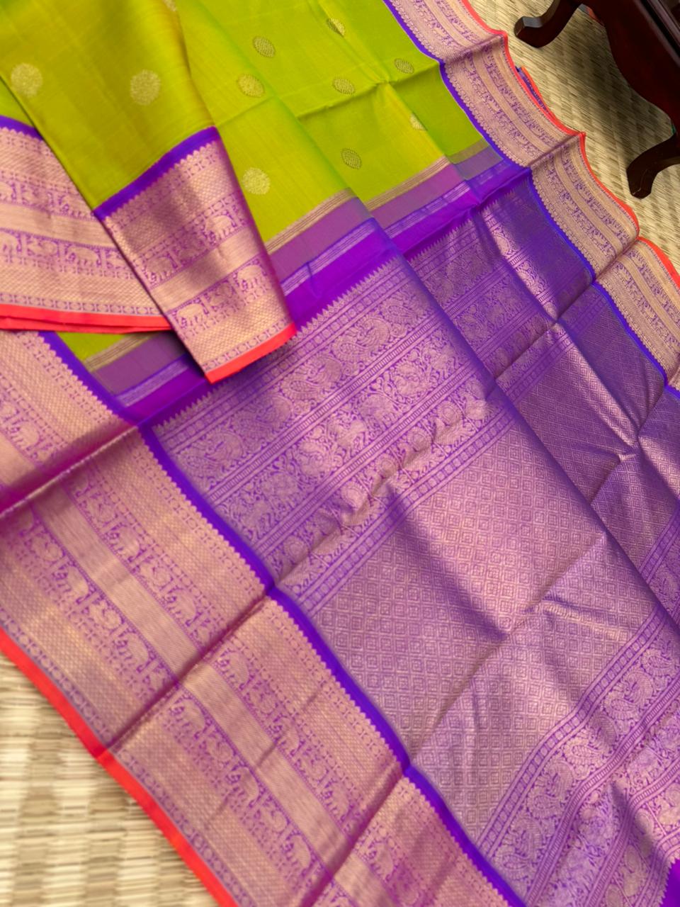 Meenakshi - Heirloom Korvai Kanchivaram - Stunning jewel tone fresh green and violet with sold borders