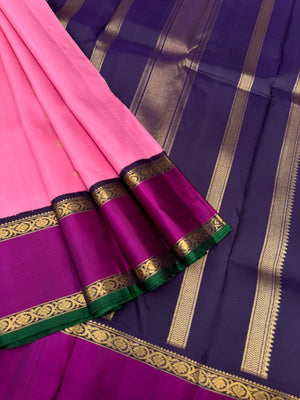 Kamakshi - Heirloom Korvai Kanchivaram - a dusky pink and navy blue pallu and blouse with retta pett woven borders