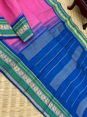 The Best of No Zari Korvai Kanchivaram - candy pink and ink blue with annapakshi woven borders with strips woven body