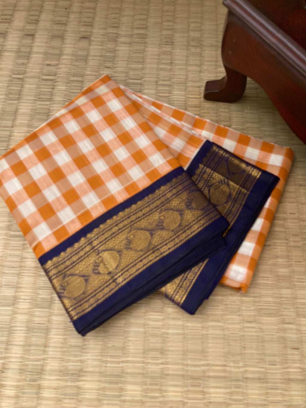 Paalum Palamum Kattams Korvai Silk Cottons - off white and orange with deep navy blue borders