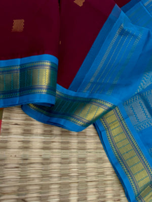 Korvai Silk Cottons - burgundy and sulphate blue with woven buttas