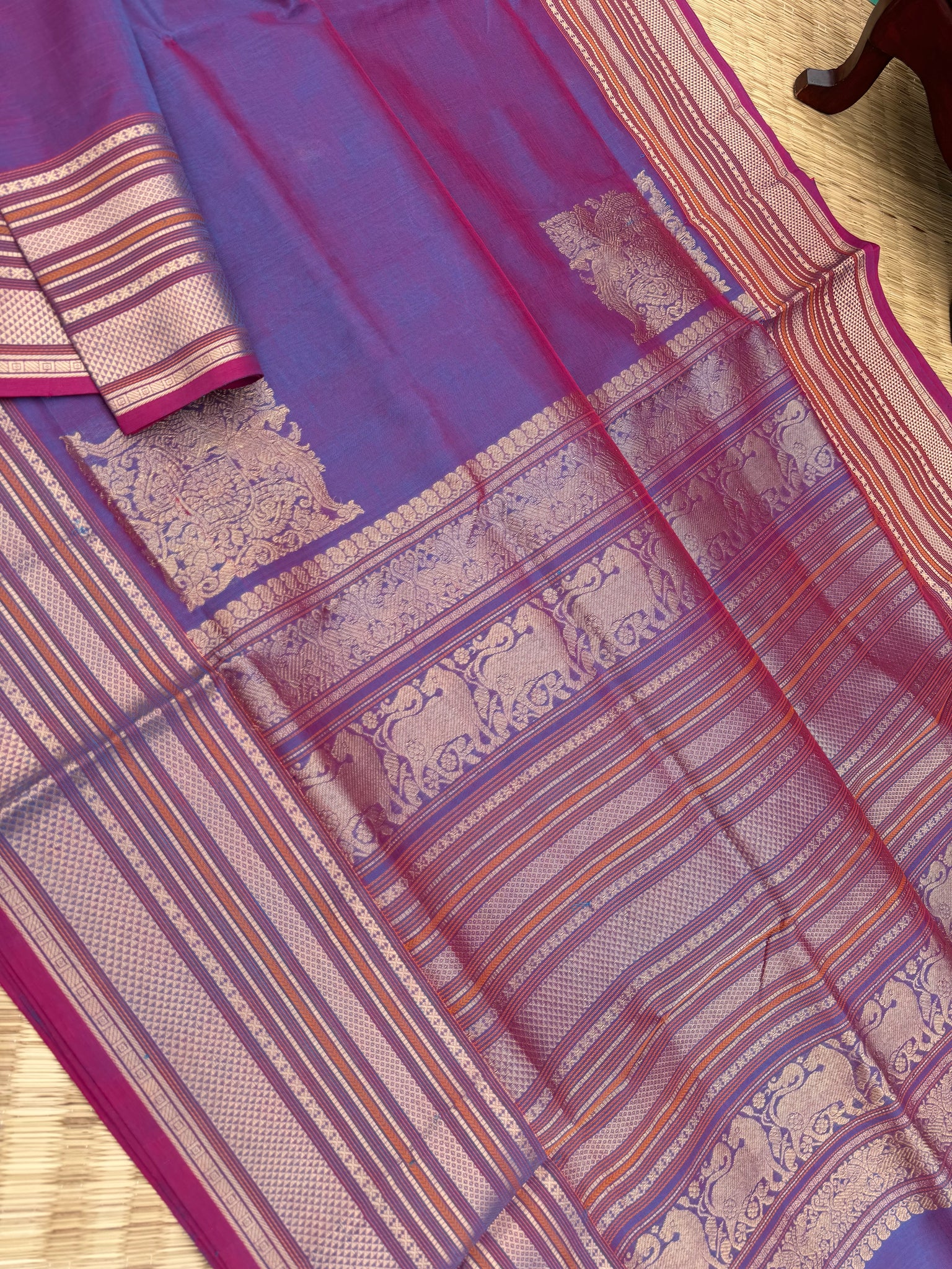 Zari Kissed Silk Cotton - gorgeous red short blue we get the most unique corner buttas