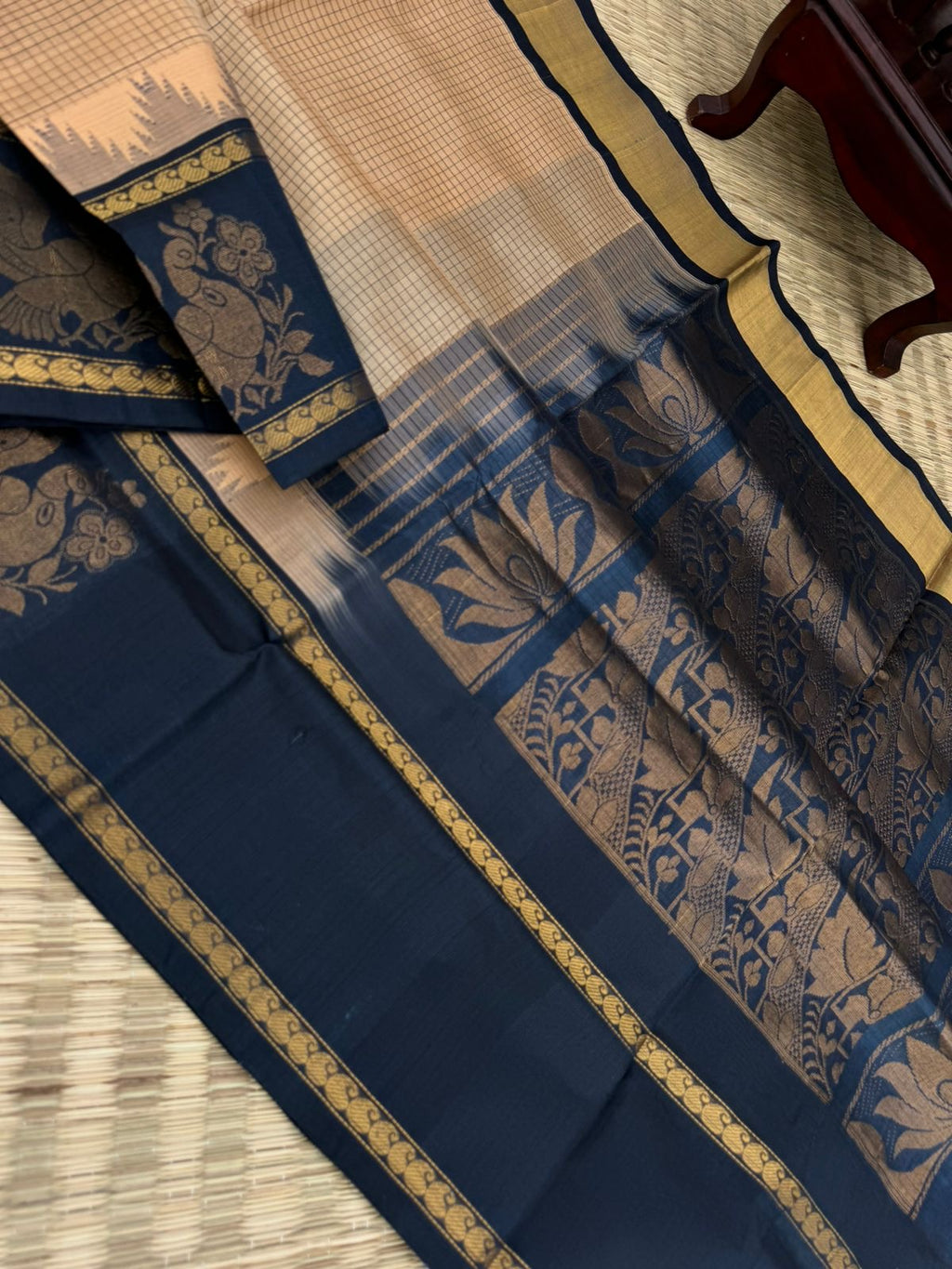 Korvai Silk Cottons - beige and elephant grey with podi kattam and border buttas