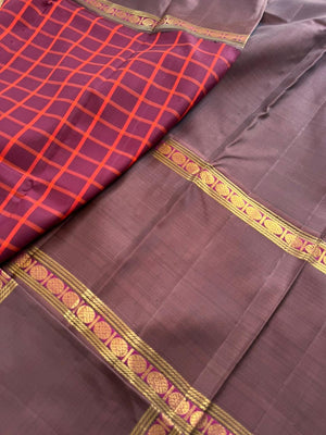 Tasteful Tall Border Kanchivarams - most beautiful maroon chex woven body with chocolate shaded korvai woven broad borders