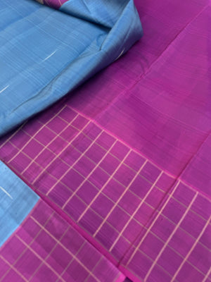 Shree - Simple and Elegant Kanchivarams - a bluish grey tone kanchivaram with raindrops woven buttas with yali and rudurakasham buttas woven chex borders