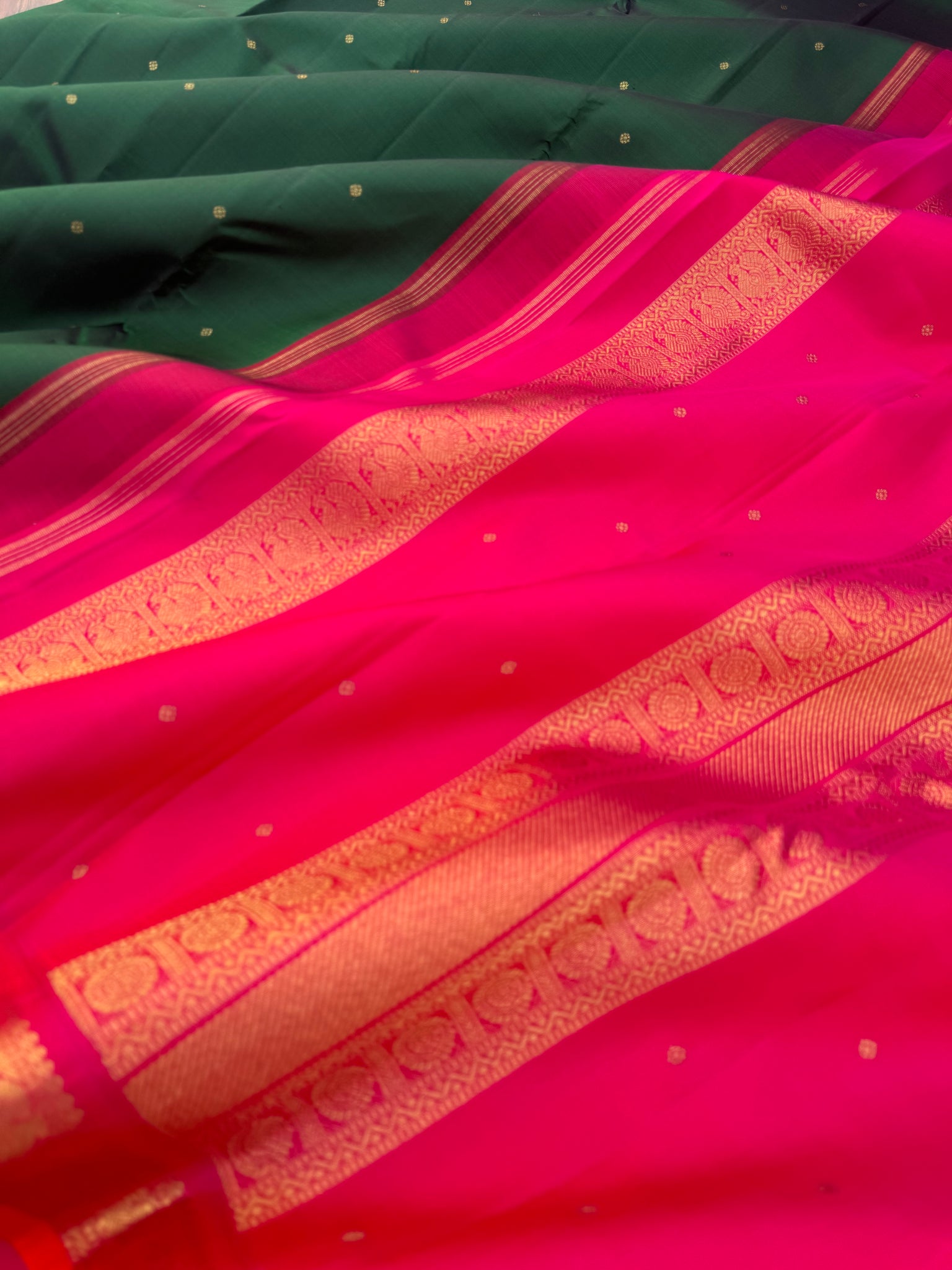 Aarambam - Where Tradition Begins - deep dark bottle green meet rain pink for people who love small borders