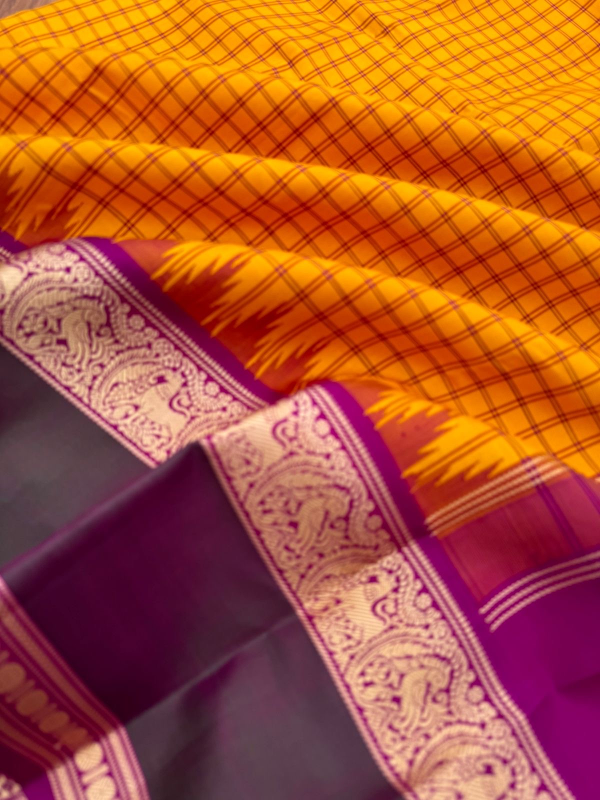 The Best of No Zari Korvai Kanchivaram - the traditional traditional mango yellow and majestic majenta yali woven borders