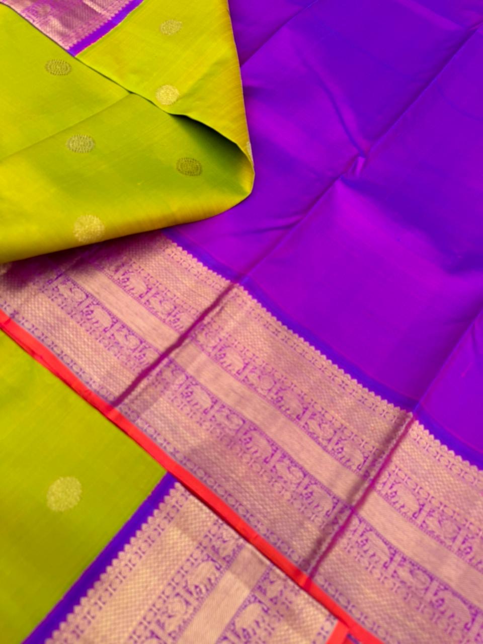Meenakshi - Heirloom Korvai Kanchivaram - Stunning jewel tone fresh green and violet with sold borders