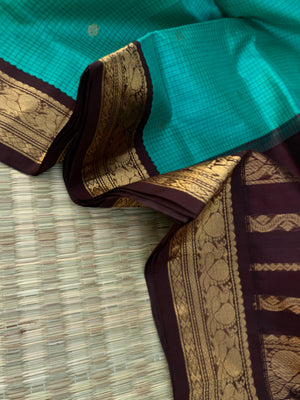 Korvai Silk Cotton - teal and coffee bean zari kattam