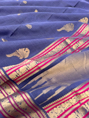 Zari Kissed Silk Cotton - a stunning konjum killi woven thindhu butta with small elephants and annapakshi woven buttas