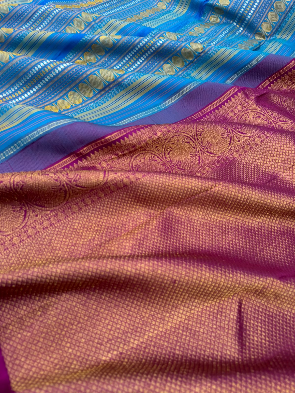 Album Untouched - a deep sulphate blue and deep majenta full body has vertical varusai pett weave one of a kind saree