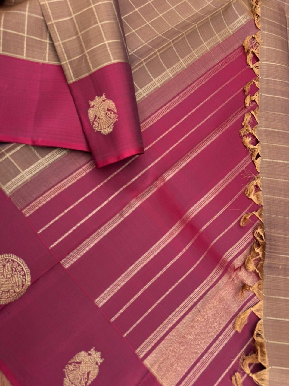Kanchivaram Trunk - stunning chocolate brown tone chex body with aarku woven border buttas with yali and irruthalaipakshi borders