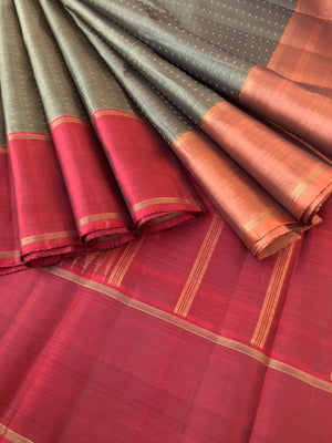 Maaya - Magical Kanchivarams - beautiful army green pluse buttas woven body with ganga jammuna woven borders