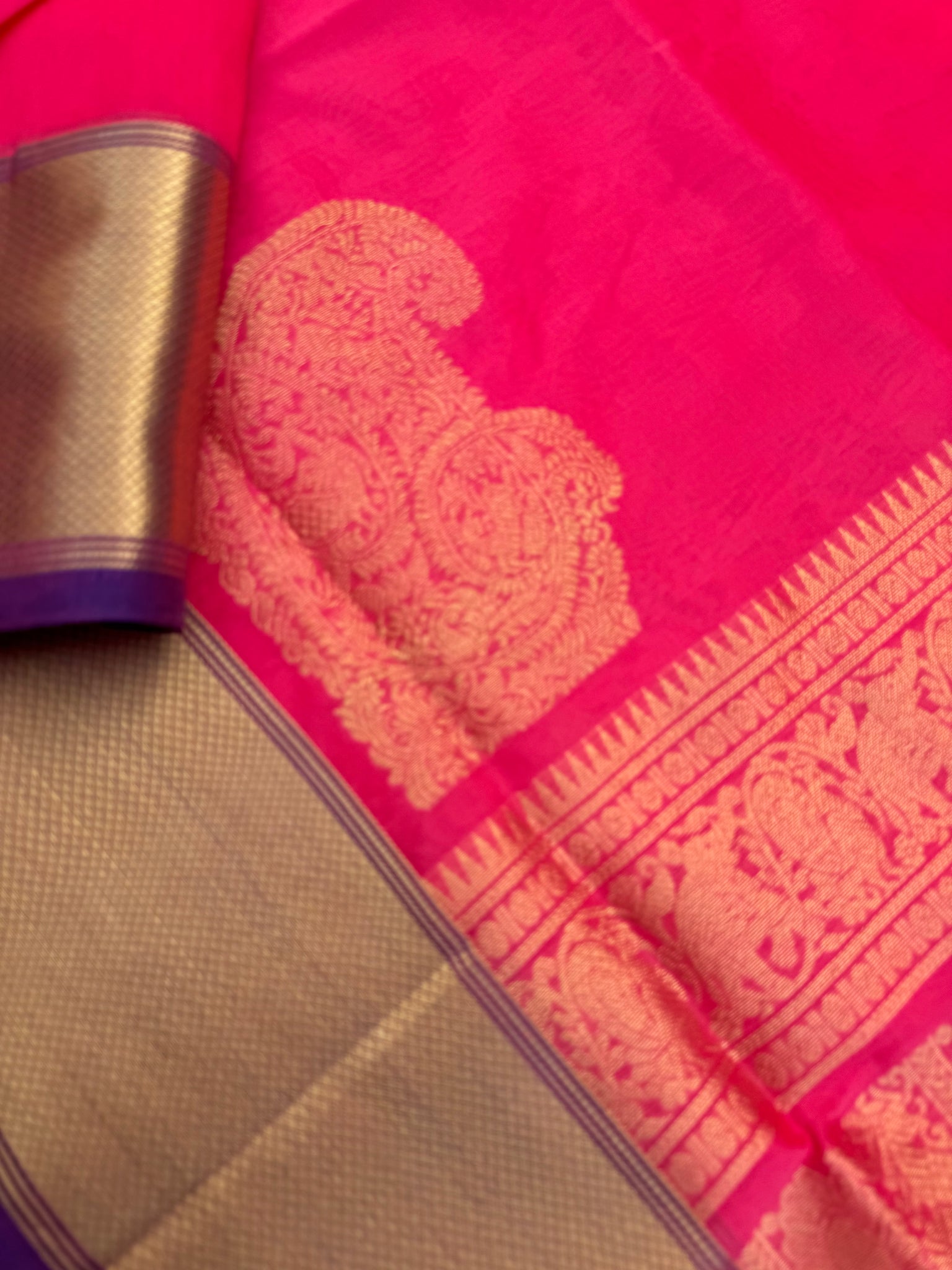 Zari Kissed Silk Cotton - shocking pink corner buttas