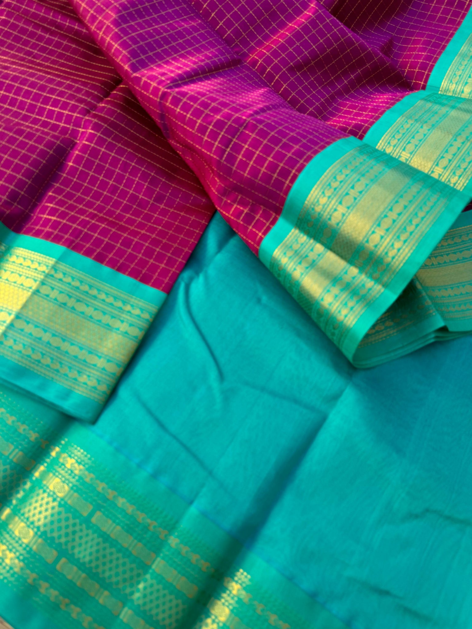 Korvai Silk Cotton - deep majenta and aqua zari kattam