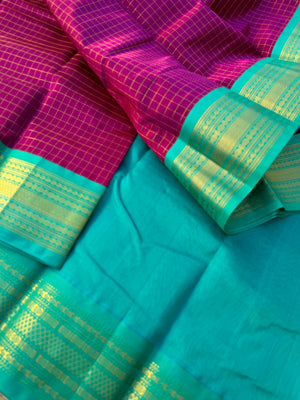 Korvai Silk Cotton - deep majenta and aqua zari kattam
