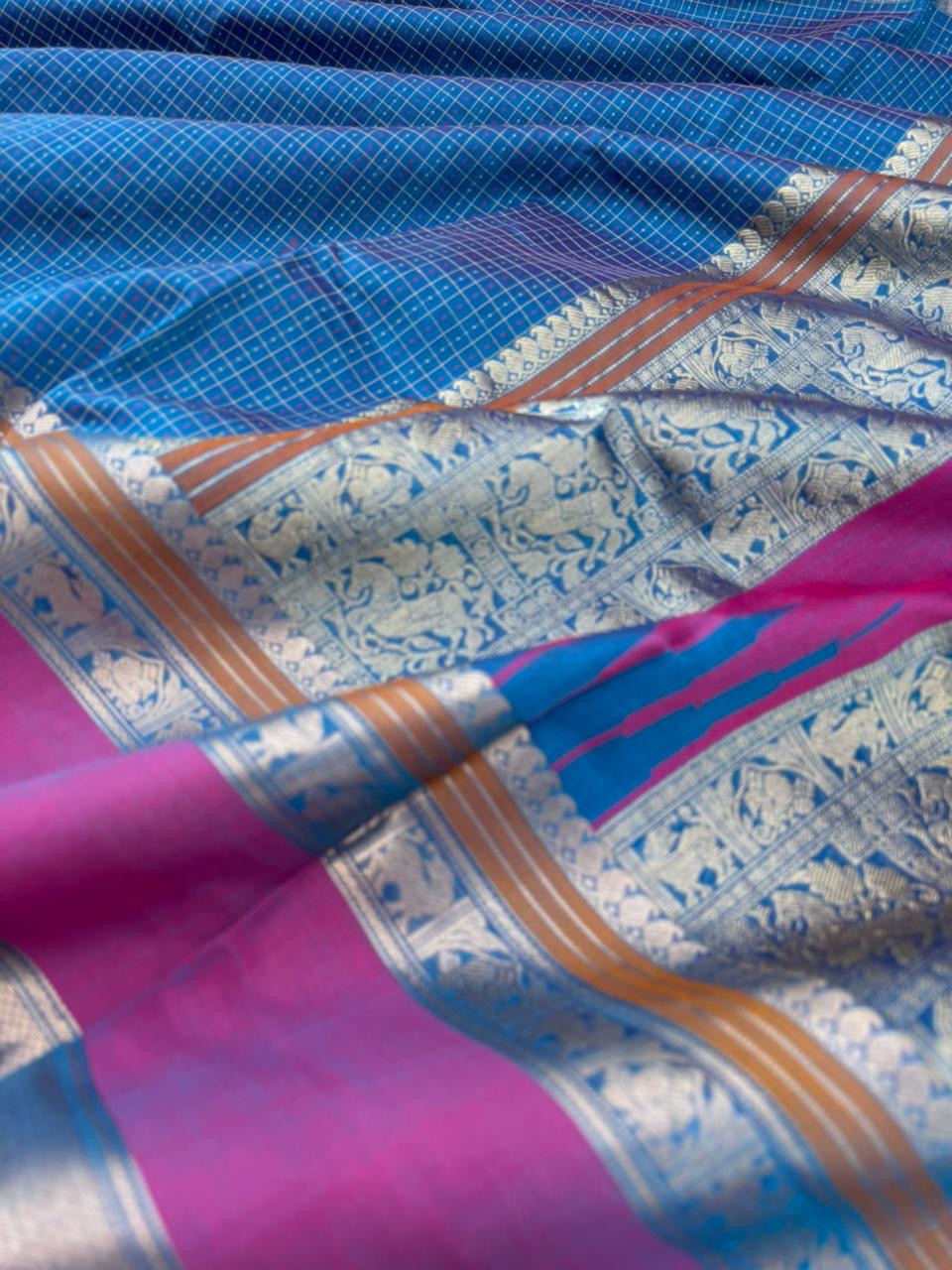 Woven Motifs Silk Cotton - burnt blue lakshadeepam