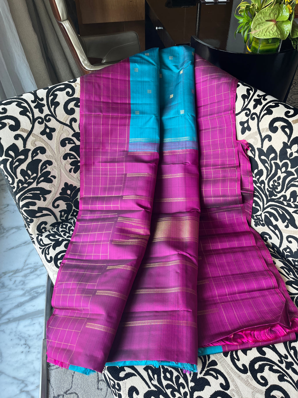 Shree Ka - stunning teal blue and majenta cube buttas woven body with chex woven borders